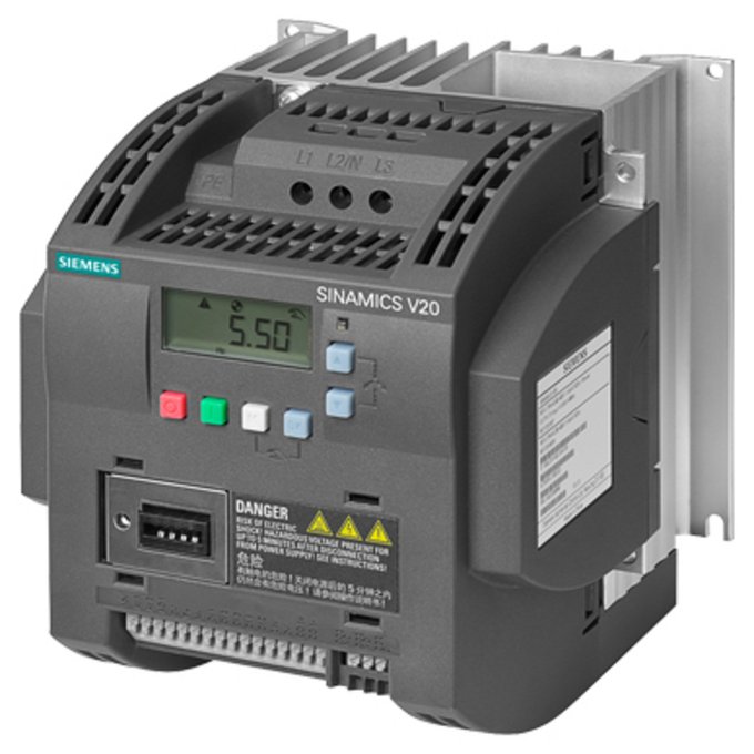 SIEMENS 6SL3210-5BE24-0UV0 SINAMICS V20 3AC380-480V -15/+10% 47-63HZ RATED POWER 4KW WITH 150% OVERLOAD FOR 60SEC UNFILTERED I/O-INTERFACE: 4DI, 2DO,2AI,1AO FIELDBUS: USS/ MODBU