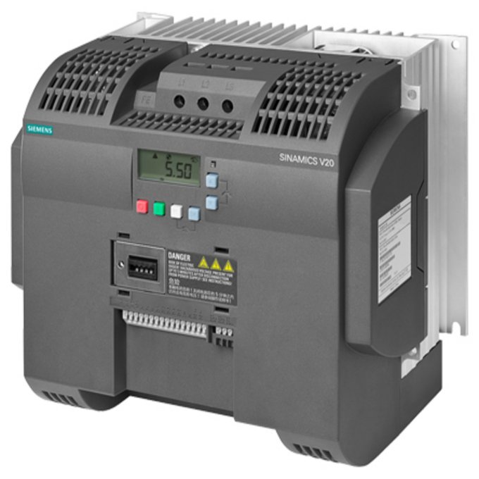 SIEMENS 6SL3210-5BE27-5UV0 SINAMICS V20 3AC380-480V -15/+10% 47-63HZ RATED POWER 7.5KW WITH 150% OVERLOAD FOR 60SEC UNFILTERED I/O-INTERFACE: 4DI, 2DO,2AI,1AO FIELDBUS: USS/ MOD