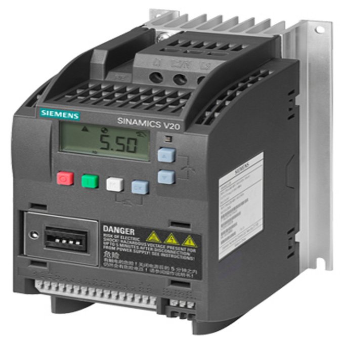 SIEMENS 6SL3210-5BB17-5AV0 SINAMICS V20 1AC200-240V-10/+10% 47-63HZ NENNLEISTUNG 0,75KW/0,75HP MIT 150% UEBERLAST FUER 60SEC INTEGRIERTER FILTER C2 I/O-INTERFACE: 4DI, 2DO, 2AI,