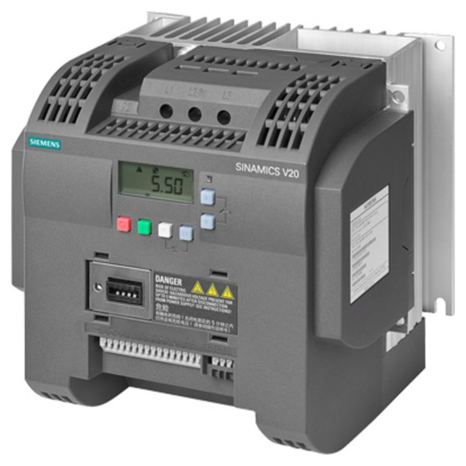 SIEMENS 6SL3210-5BE25-5CV0 SINAMICS V20 380-480 V 3 AC - 15/+ 10 % 47-6 NENNLEISTUNG 5,5 KW MIT 150 % UEBERLAST FUER 60 SEK. INTEGRIERTER FILTER C3 E/A-SCHNITTSTELLE: 4 DI, 2 DO