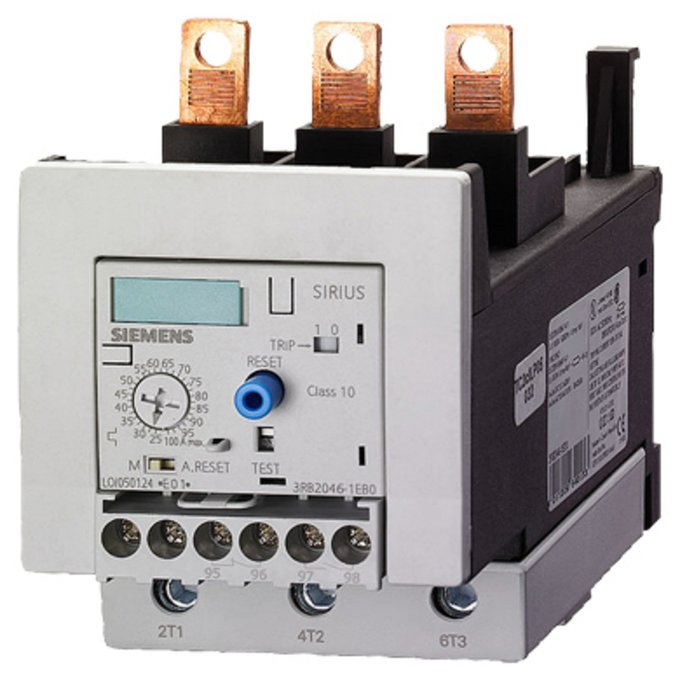 SIEMENS 3RB2046-2EB0-ZX95 OVERLOAD RELAY 25...100 A FOR MOTOR PROTECTION SIZE S3, CLASS 20 FOR MOUNTING ONTO CONT. MAIN CIRCUIT: SCREW CONNECTION AUX. CIRCUIT: SCREW CONNECTION